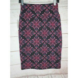 LuLaRoe Cassie Pencil Skirt XS, Rare Floral Argyle Unicorn Print, Black and Pink